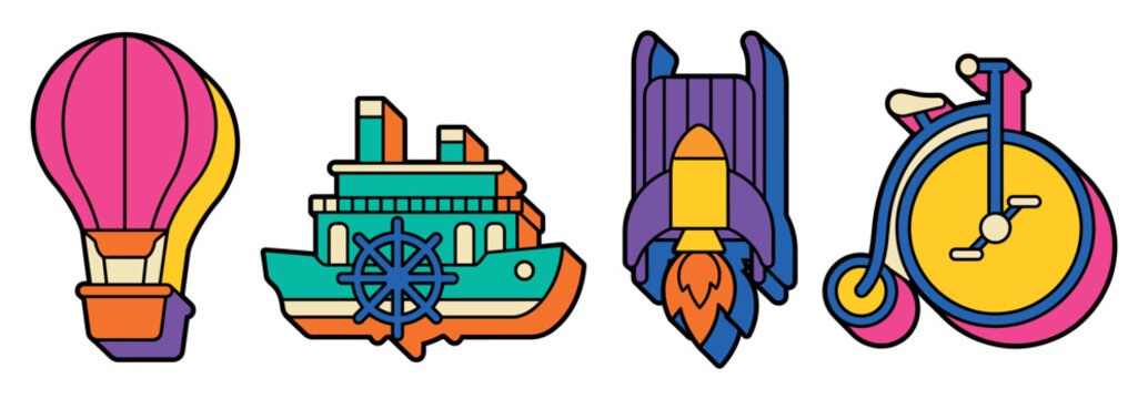 Retro transportation icons featuring hot air balloon steamboat rocket ship and vintage penny farthing bicycle designed in colorful pop art style