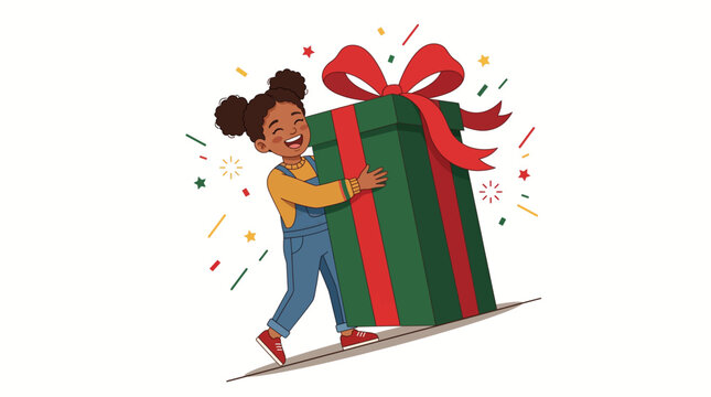 Joyful diverse child embraces large gift box with red ribbon, green and red stripes, festive confetti, clean flat illustration
