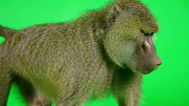 Wild baboon walking across vivid green screen chroma key background showcasing realistic animal movement