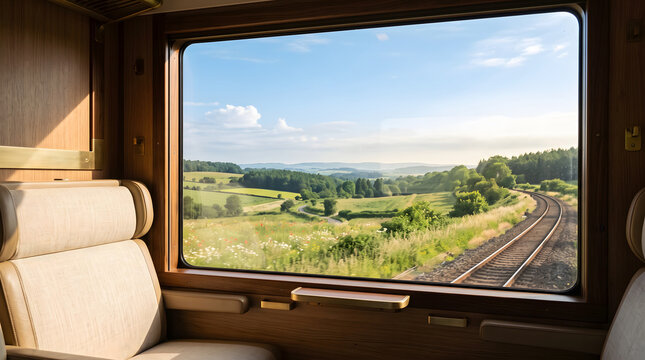 Scenic countryside view from a train window during a peaceful journey