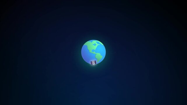 Satellite orbits planet earth in outer space featuring a digital vector animation graphic design against a dark blue background representing technology communication and global navigation systems