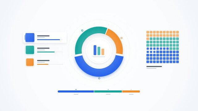 Market share comparison infographic animation with rotating three segment donut chart, proportional blocks and waffle chart in blue, teal and orange on white background, seamless loop