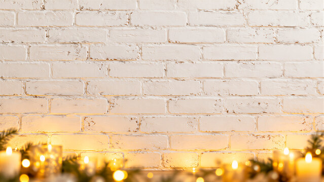 White brick wall background with glowing candles and evergreen branches at bottom edge, warm festive lighting. Christmas decoration, winter holiday, seasonal greeting.