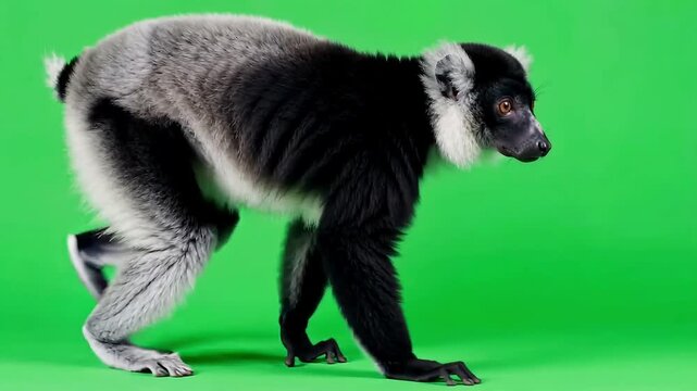 Black and white ruffed lemur walking across vibrant green studio background while looking around cautiously