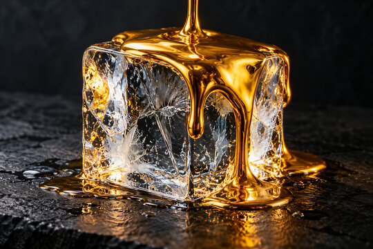 Golden liquid dripping over a large clear ice cube on dark stone surface, glowing light reflections, luxury texture. Abstract background, food photography, luxury concept, advertising