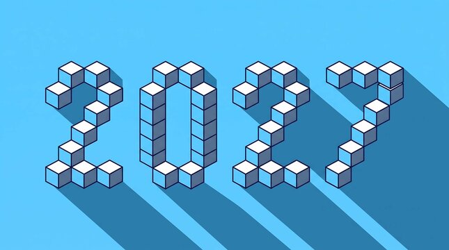 2027 Year Numbers Isometric 3D Cubes Blue Background Graphic Resource