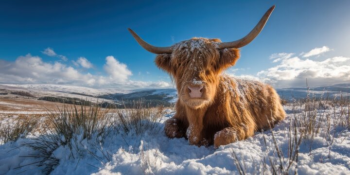 Long-horned cow resting in a snowy field, chewing cud under bright sunlight in January, with blue shadows and a thick, shaggy brown coat for warmth