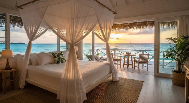 Luxury beachfront villa bedroom with canopy net bed overlooking turquoise ocean at sunset vacation tropical bungalow