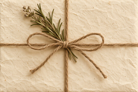 Wrapped gift package with twine bow and rosemary sprig on textured parchment paper, rustic holiday decoration, minimalist wedding stationery, craft concept.