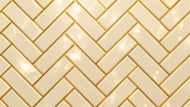 Cream colored subway tiles arranged in herringbone pattern, glossy ceramic surface with gold grout lines, elegant interior texture. Interior design, architecture, backsplash, luxury decor.
