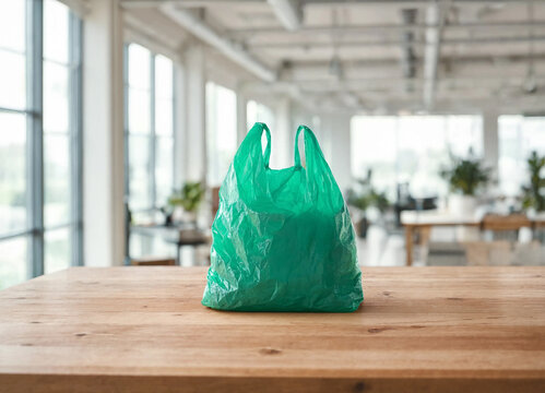 A green plastic grocery bag sitting on a wooden table inside a bright room