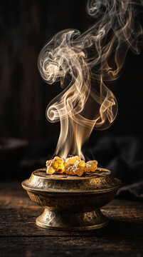 Extreme close-up of glowing copal resin burning on an antique brass incense burner with organic smoke on a dark background