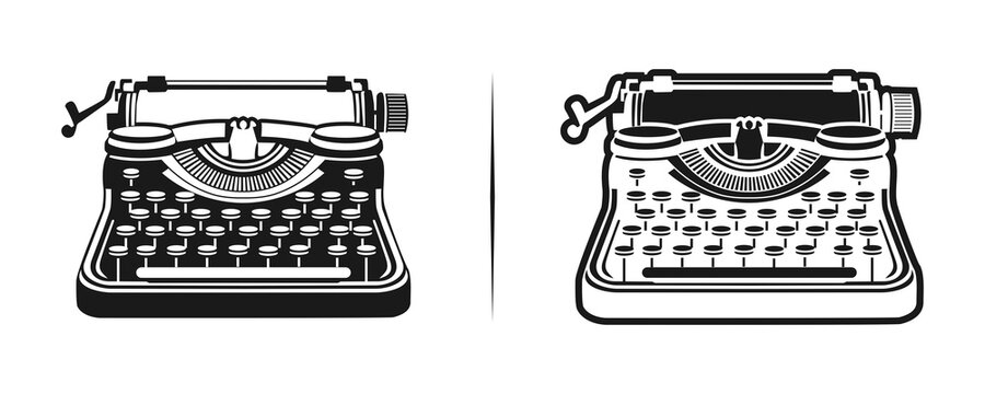 Logo design featuring a manual typewriter illustration&mdash;vintage style, vector graphic&mdash;office equipment, keyboard, art, sign, symbol, author, antique, background, education, journalist, web, text, flat 