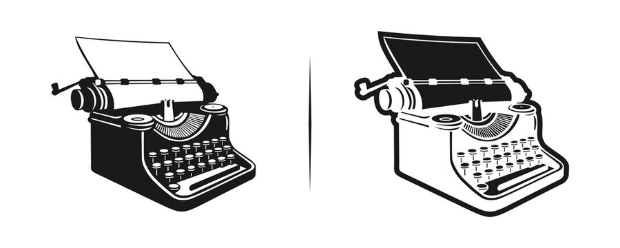 Logo design featuring a manual typewriter illustration&mdash;vintage style, vector graphic&mdash;office equipment, keyboard, art, sign, symbol, author, antique, background, education, journalist, web, text, flat 