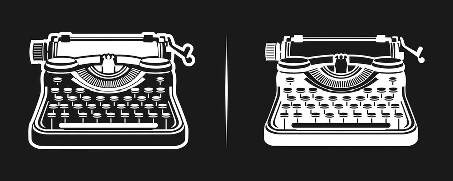 Logo design featuring a manual typewriter illustration&mdash;vintage style, vector graphic&mdash;office equipment, keyboard, art, sign, symbol, author, antique, background, education, journalist, web, text, flat 