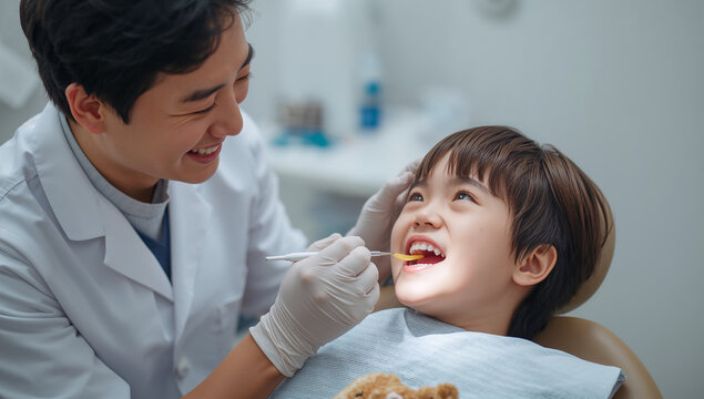 診療台で笑う子供の歯を確認する歯科医療者