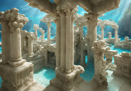 Imaging Construction with columns of lost Atlantis world around ocean water. Lost ancient civilization. Digital artwork. Ai generated