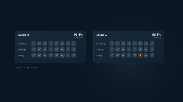 AI Model Regression Testing Reveals Hidden Failure in Evaluation Matrix 4K motion graphics showing AI model version comparison through a capability testing matrix