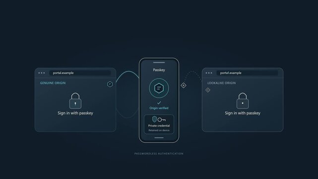 Passkey Authentication Blocks Phishing Website and Enables Secure Login 4K cybersecurity animation comparing genuine and fake websites during passwordless passkey authentication