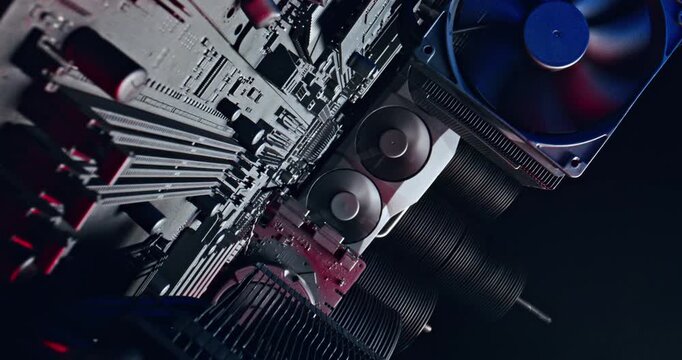 Working motherboards with heatsink and fans and graphics card
