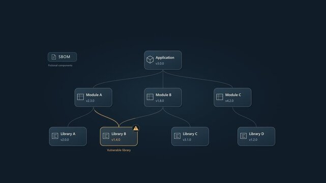 Software Bill of Materials SBOM Vulnerability Detection and Dependency Patch 4K cybersecurity animation showing a software dependency tree revealing a vulnerable library through SBOM analysis