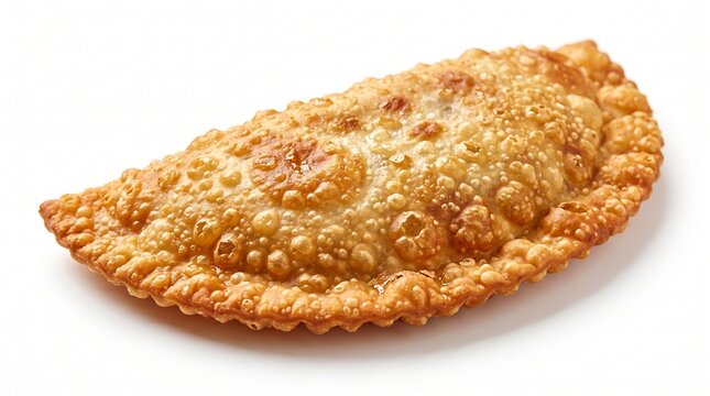 Deep fried crispy meat cheburek empanada with golden bubbly crust isolated on white background
