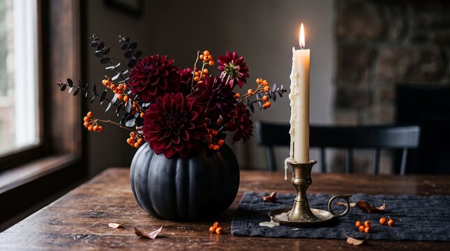 Halloween floral arrangement candle pumpkin dahlias berries autumn table stilllife a dark bouquet with berries and a tall wax candle creates a moody autumn centerpiece for versatile