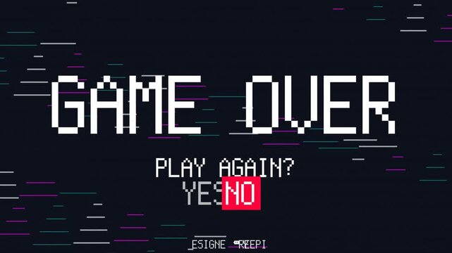Retro Game Over Glitch Screen Animation with Play Again Option and Digital Distortion Noise Effects