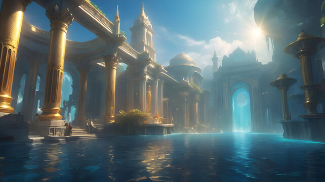 Imaging Construction with columns of lost Atlantis world around ocean water. Lost ancient civilization. Digital artwork. Ai generated