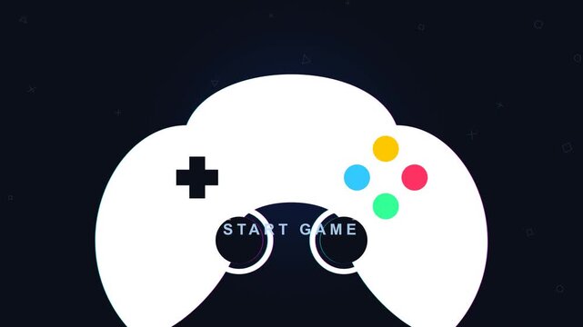Minimalist Gaming Controller Icon with Start Game Text Glitch Loop Animation for Video Interfaces