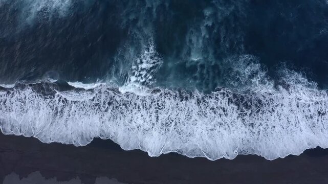 Drone shot, from above, surf at the beach of Praia de Santa Barbara, Ribeira Grande, Sao Miguel Island, Azores, Atlantic Ocean, Portugal
