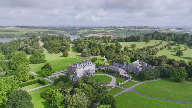 Antony House from a drone, Woodland Garden and Woodland Walk, Torpoint, Cornwall, England, United Kingdom