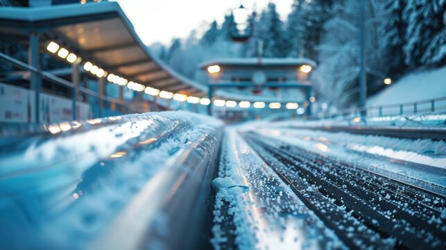 Ice track for bobsleigh with a digital clock displaying speed at the starting position