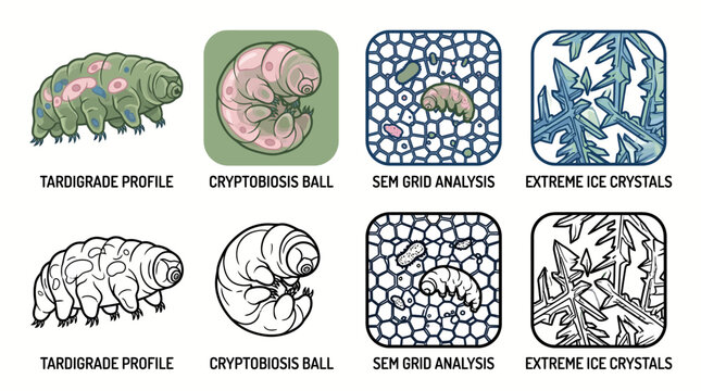 Detailed scientific illustration of tardigrades showing water bears in various states including dormant tun form and microscopic view of ice crystals