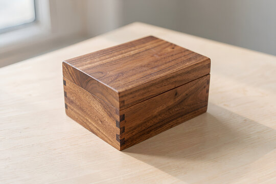 Handcrafted walnut box with dovetail joints on pale wooden tabletop