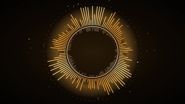 Glowing golden circular audio equalizer spectrum pulsating with rhythmic movement against dark background wallpaper