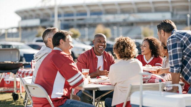 Group of fans laughing at a tailgate picnic table near a stadium