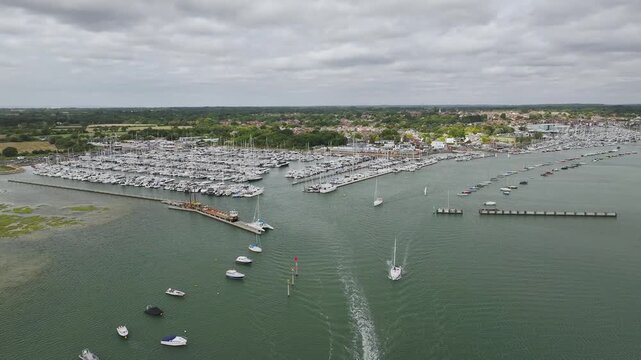 Lymington River and marina from drone, Lymington, New Forest, Hampshire, England, United Kingdom