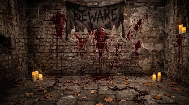 Spooky Halloween dungeon background, bloody brick wall with beware banner and candles, dark horror dungeon interior for halloween party design