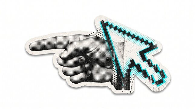 Retro halftone pointing hand sticker merged with a pixelated mouse cur