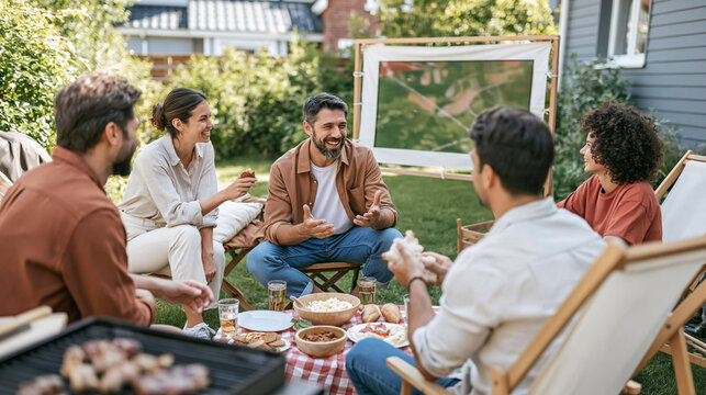 Friends gathered in a backyard for a game day party with outdoor screen