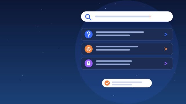Digital search bar interface loading interactive query results on dark blue graphic design background screen