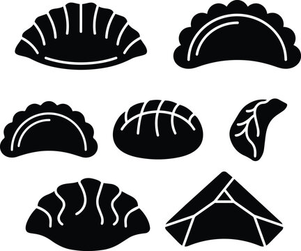 Set of black dumpling and pierogi silhouette icons