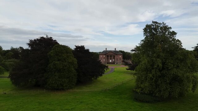 Paxton House over River Tweed from a drone, Paxton, Berwick-upon-Tweed, Berwickshire, Scotland, UK