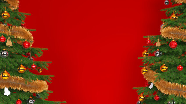 Christmas Tree Frame Background with Golden Tinsels and Ornaments on Red Space
