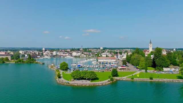 Aerial view of Romanshorn harbour and lake park with the incoming ferry MF Friedrichshafen, Lake Constance, Canton Thurgau, Switzerland