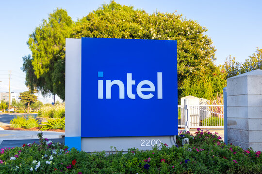 Intel Corporation logo sign at Santa Clara headquarters