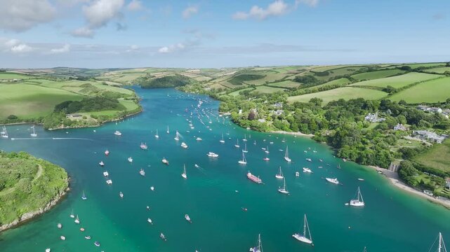 Salcombe and Mill Bay over Kingsbridge Estuary from a drone, Batson Creek, Southpool Creek, Devon, England, United Kingdom