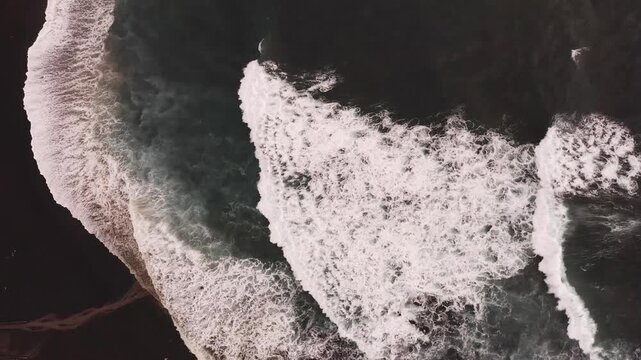 Drone shot, from above, surf at the beach of Praia dos Mosteiros, Mosteiros, Sao Miguel Island, Azores, Atlantic Ocean, Portugal