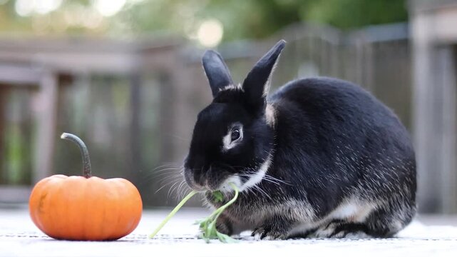 Adorable young rabbit eats parsley next to pumpkin faces camera and hops away 